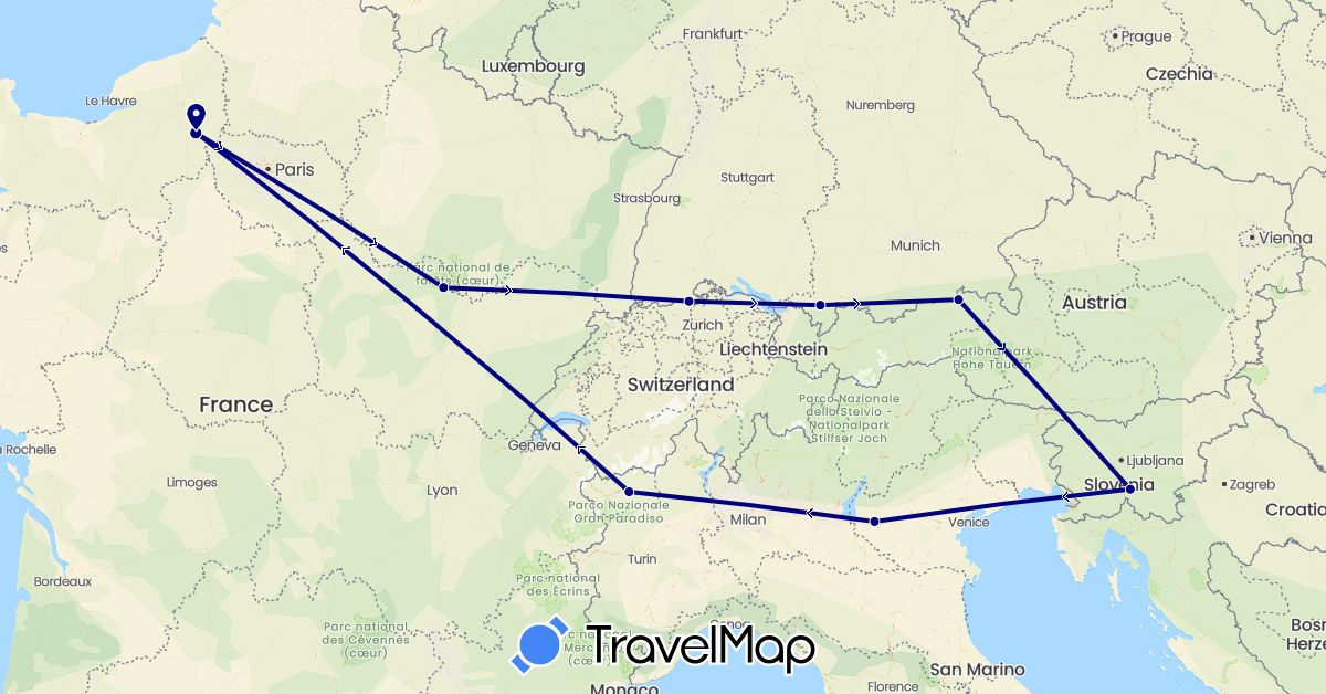 TravelMap itinerary: driving in Germany, France, Italy, Slovenia (Europe)